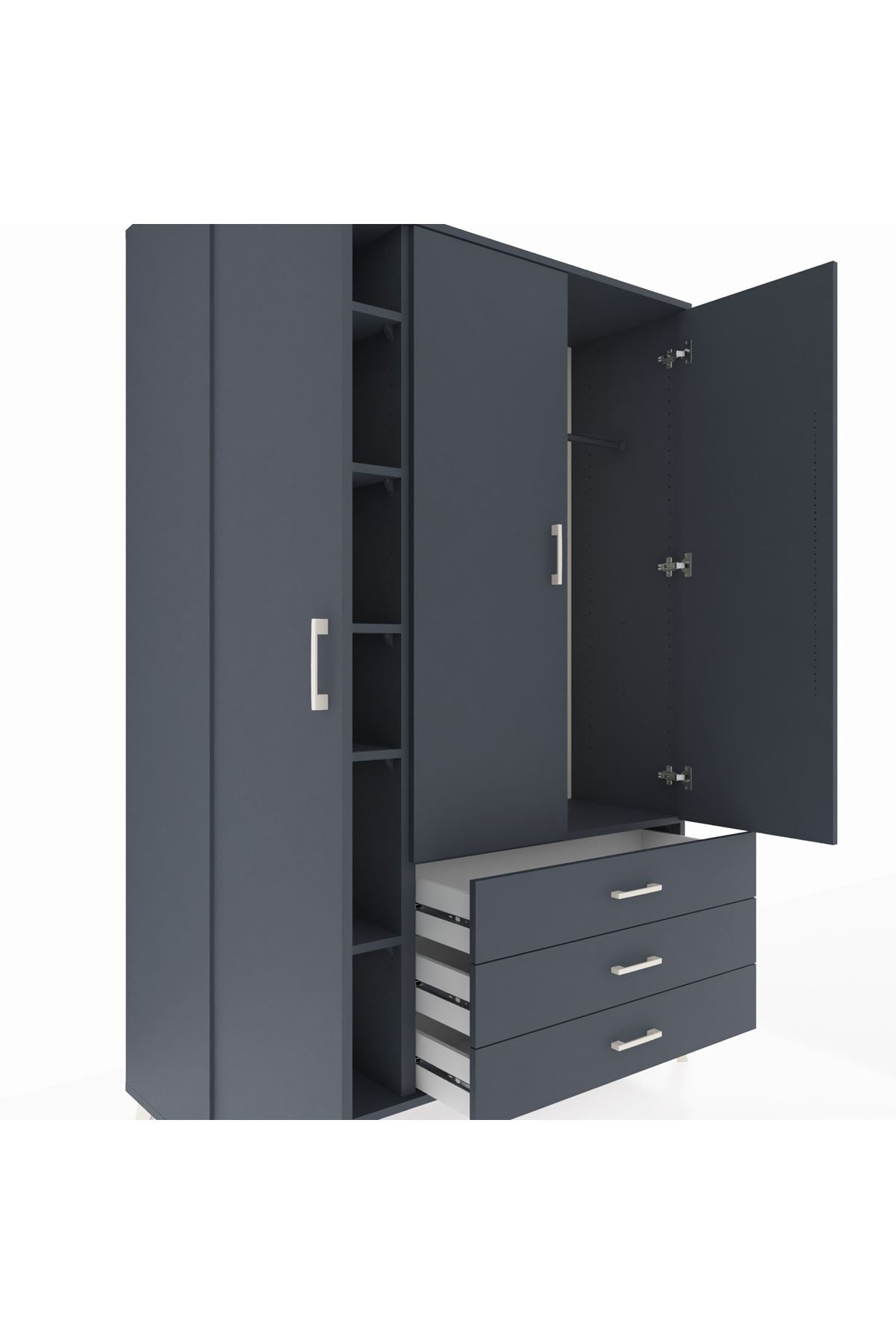 Hyperion Dolap 6 Raflı 3 Çekmeceli Tek Askılı 132x44x195 Antrasit-Antrasit/Antrasit