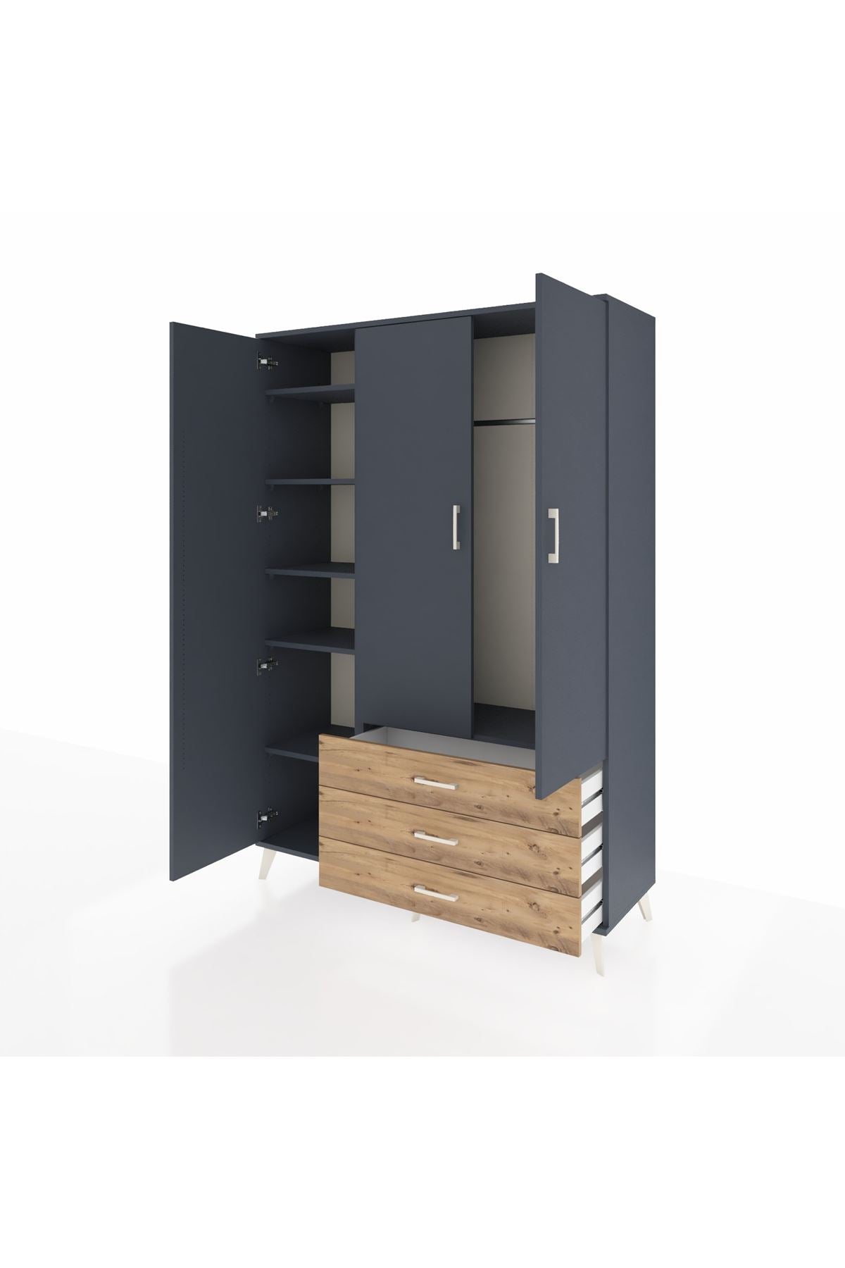 Hyperion Dolap 6 Raflı 3 Çekmeceli Tek Askılı 132x44x195 Antrasit-Antrasit/Çam