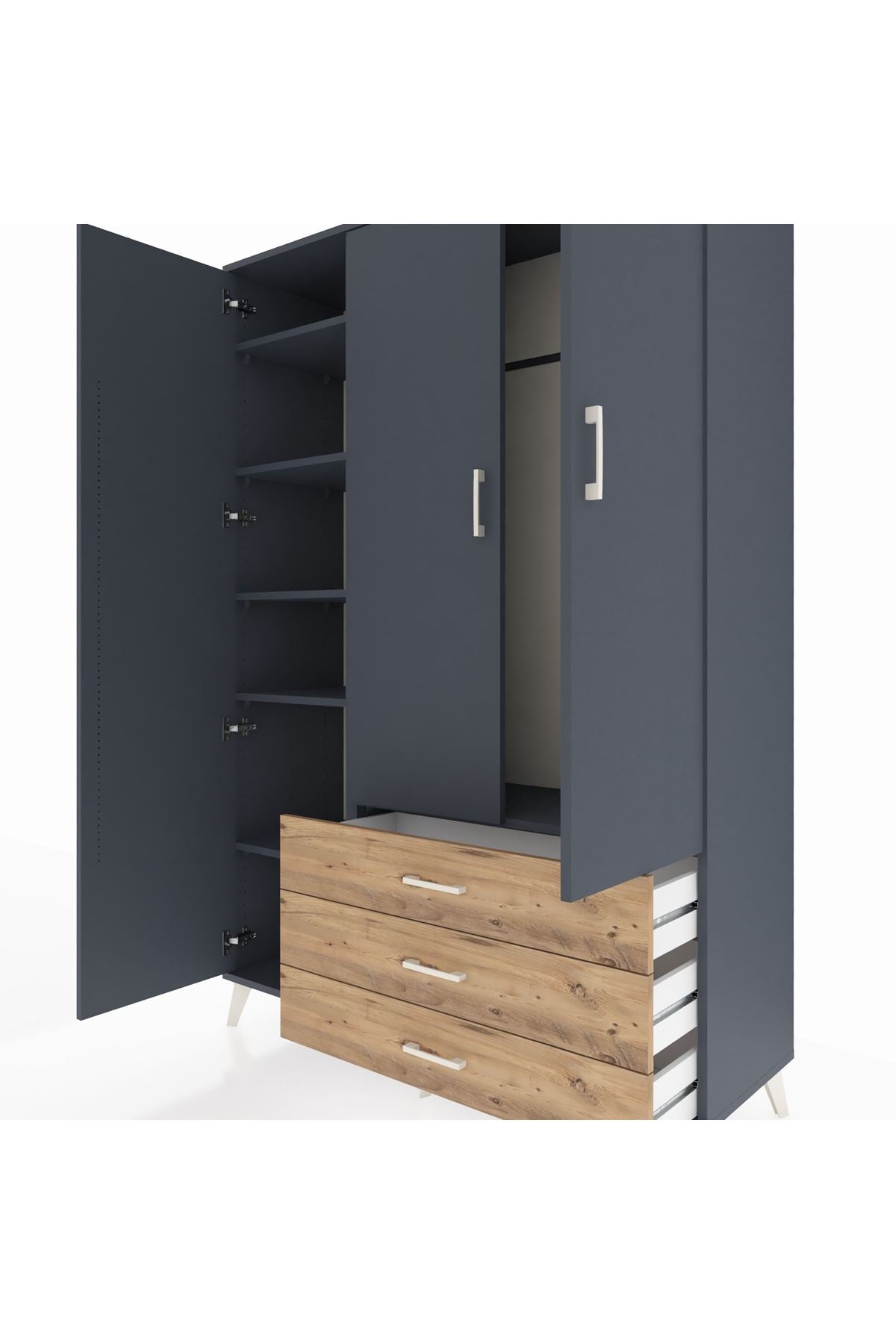 Hyperion Dolap 6 Raflı 3 Çekmeceli Tek Askılı 132x44x195 Antrasit-Antrasit/Çam