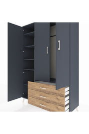 Hyperion Dolap 6 Raflı 3 Çekmeceli Tek Askılı 132x44x195 Antrasit-Antrasit/Çam