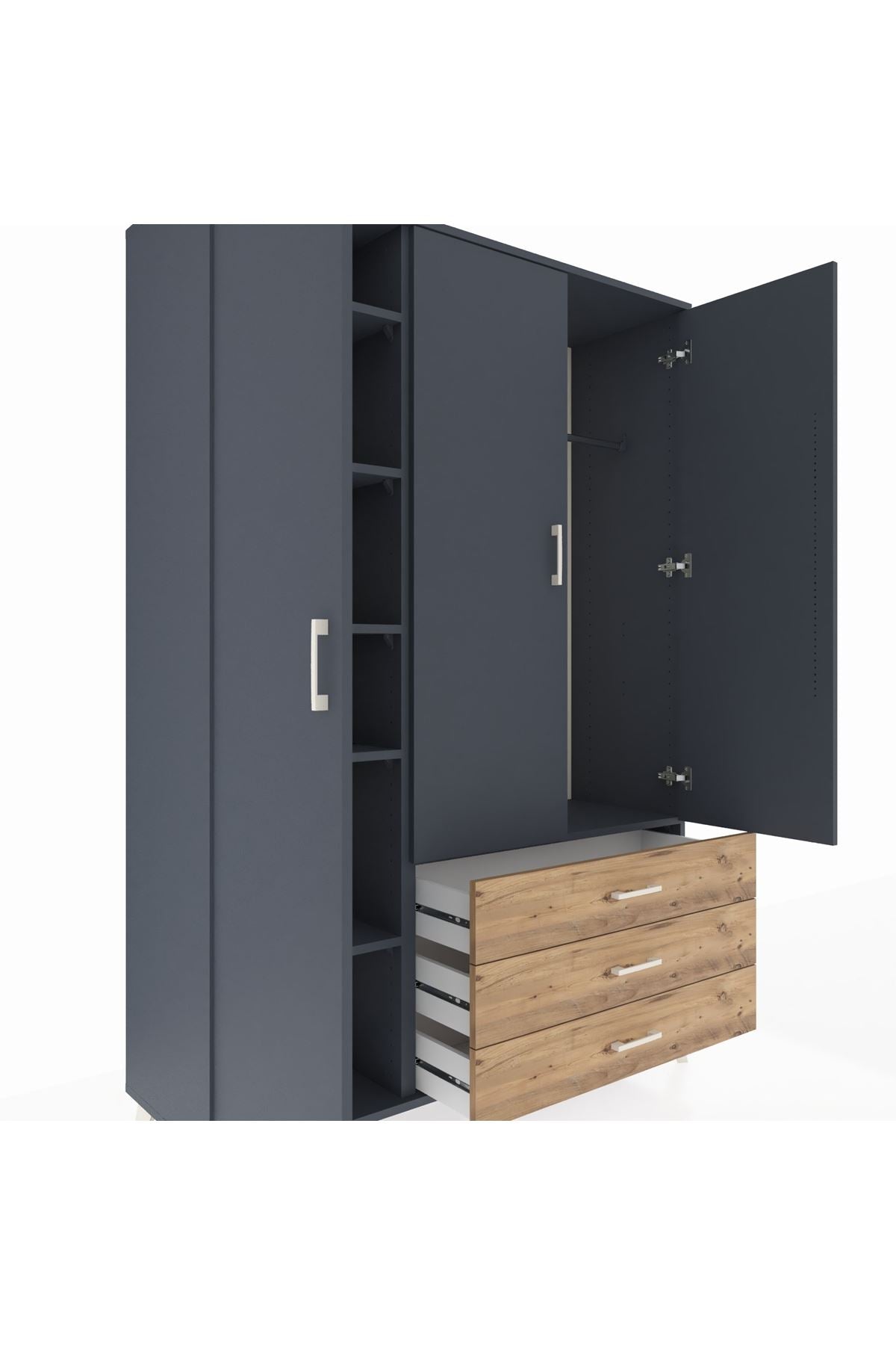 Hyperion Dolap 6 Raflı 3 Çekmeceli Tek Askılı 132x44x195 Antrasit-Antrasit/Çam