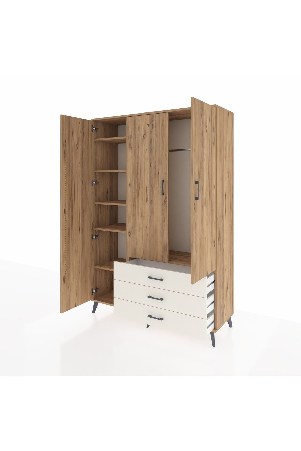 Hyperion Dolap 6 Raflı 3 Çekmeceli Tek Askılı 132x44x195 Çam-Çam/Aytaşı