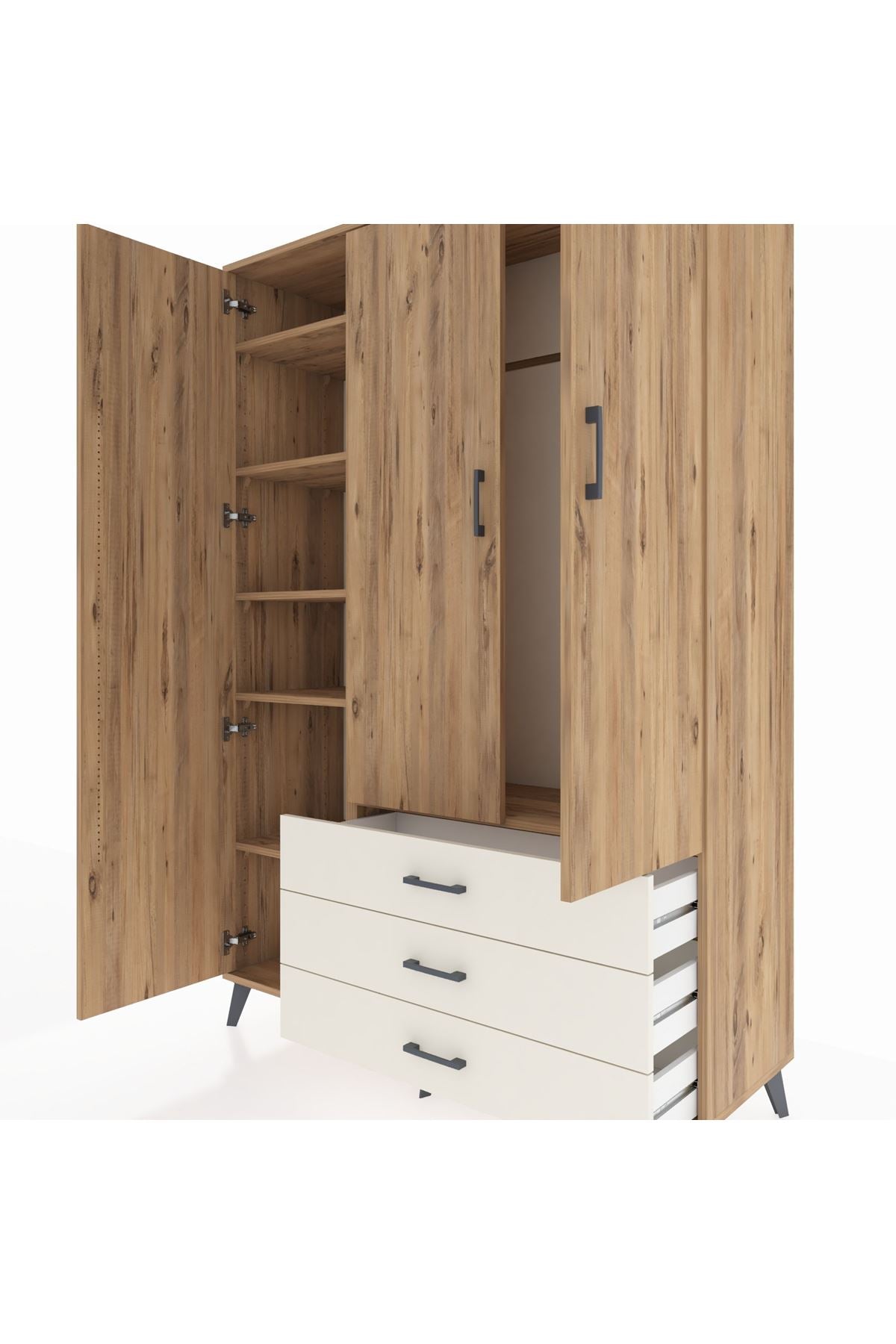 Hyperion Dolap 6 Raflı 3 Çekmeceli Tek Askılı 132x44x195 Çam-Çam/Aytaşı