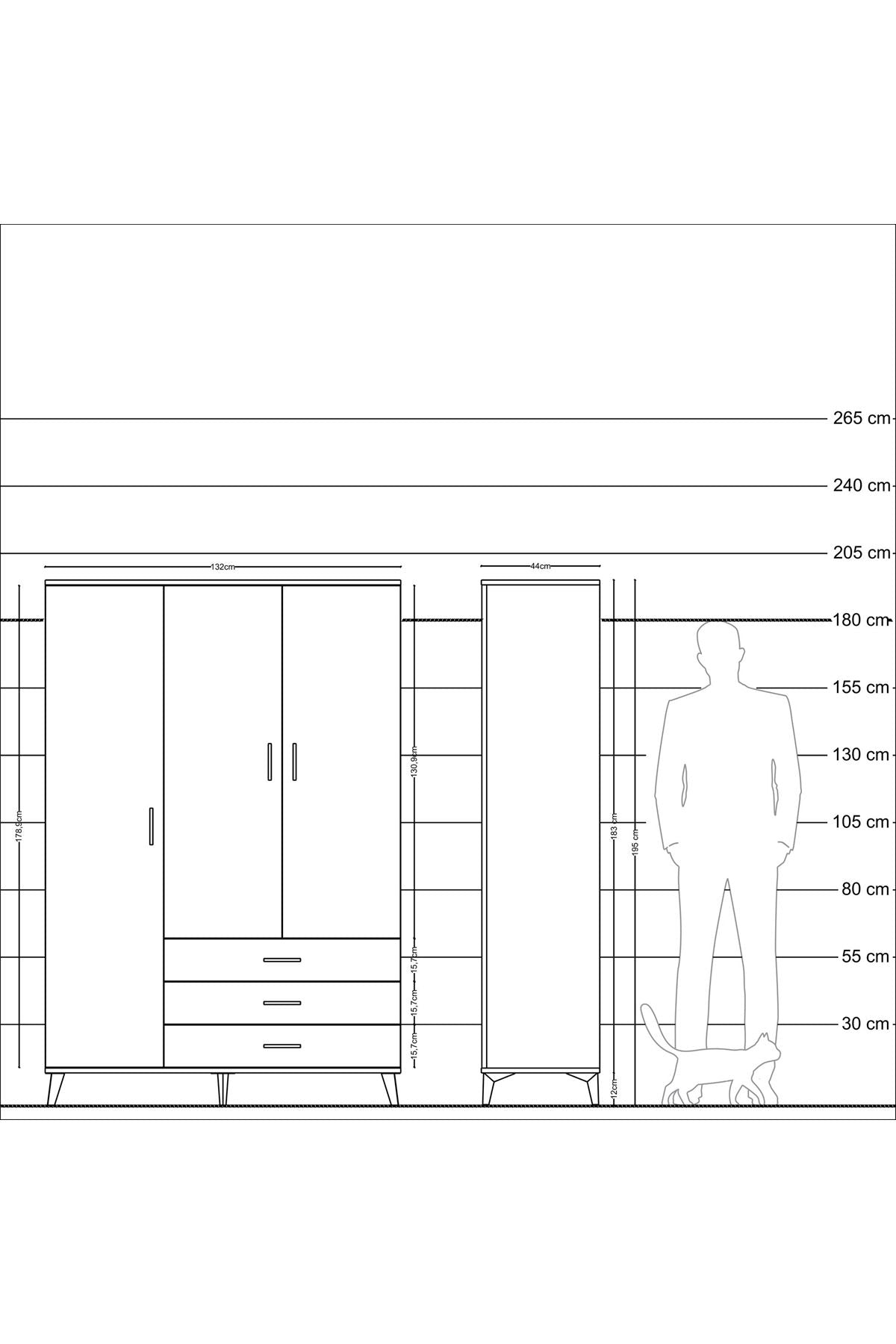 Hyperion Dolap 6 Raflı 3 Çekmeceli Tek Askılı 132x44x195 Çam-Çam/Aytaşı