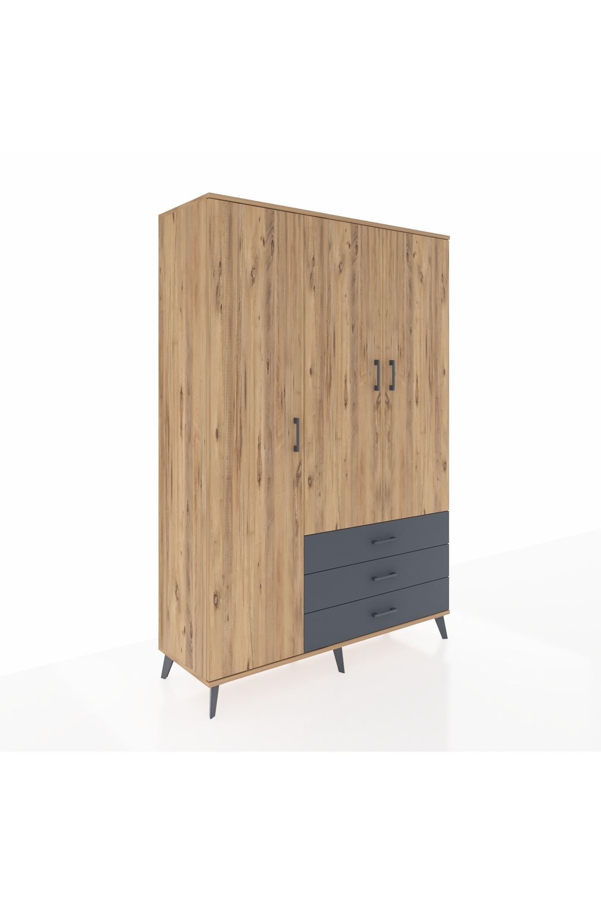 Hyperion Dolap 6 Raflı 3 Çekmeceli Tek Askılı 132x44x195 Çam-Çam/Antrasit