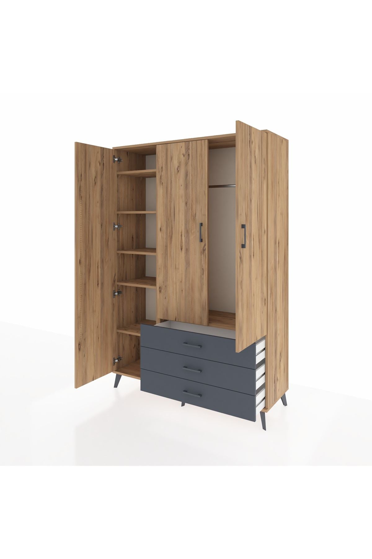 Hyperion Dolap 6 Raflı 3 Çekmeceli Tek Askılı 132x44x195 Çam-Çam/Antrasit