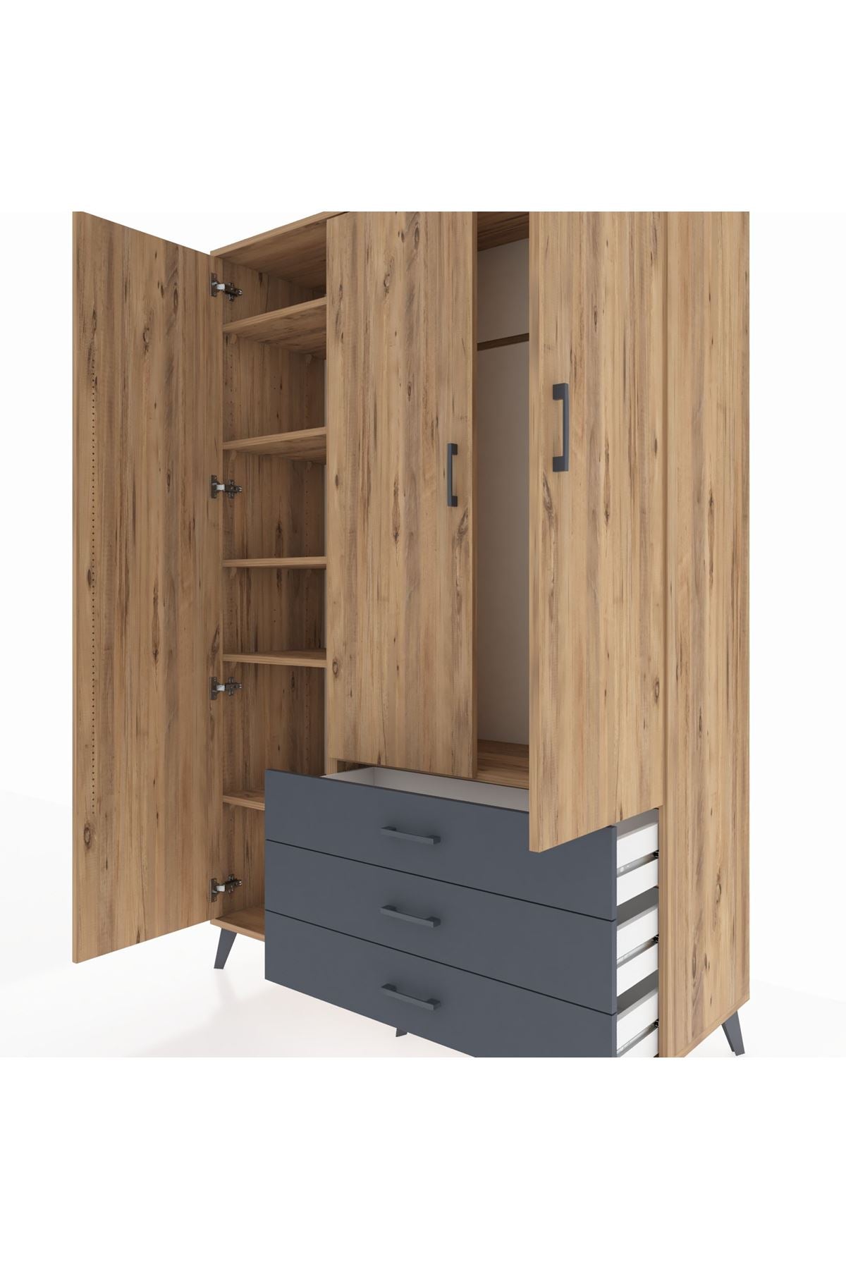 Hyperion Dolap 6 Raflı 3 Çekmeceli Tek Askılı 132x44x195 Çam-Çam/Antrasit