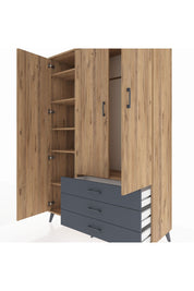 Hyperion Dolap 6 Raflı 3 Çekmeceli Tek Askılı 132x44x195 Çam-Çam/Antrasit