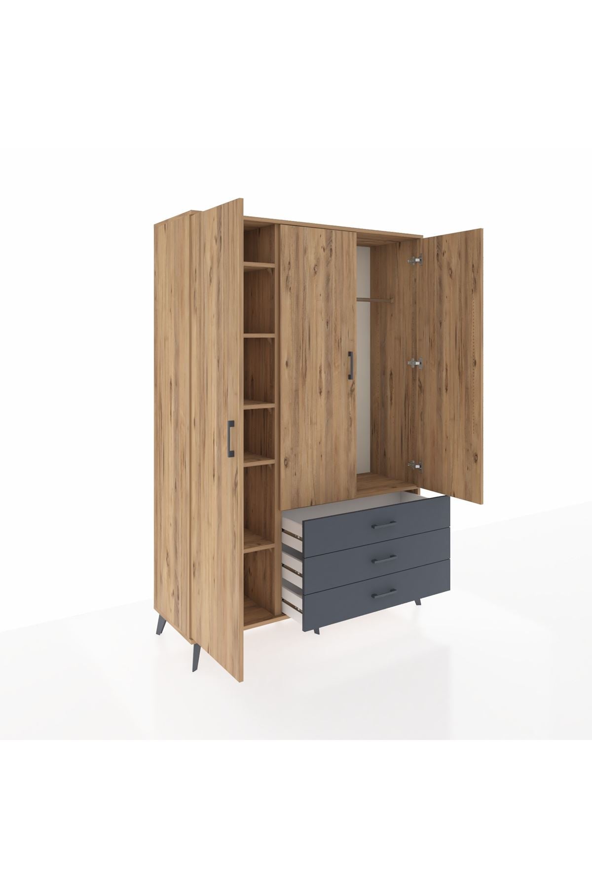 Hyperion Dolap 6 Raflı 3 Çekmeceli Tek Askılı 132x44x195 Çam-Çam/Antrasit