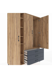 Hyperion Dolap 6 Raflı 3 Çekmeceli Tek Askılı 132x44x195 Çam-Çam/Antrasit