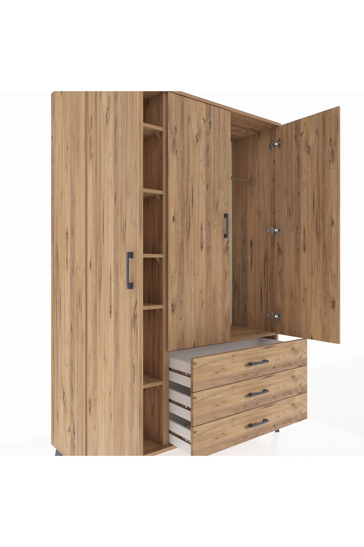 Hyperion Dolap 6 Raflı 3 Çekmeceli Tek Askılı 132x44x195 Çam-Çam/Çam