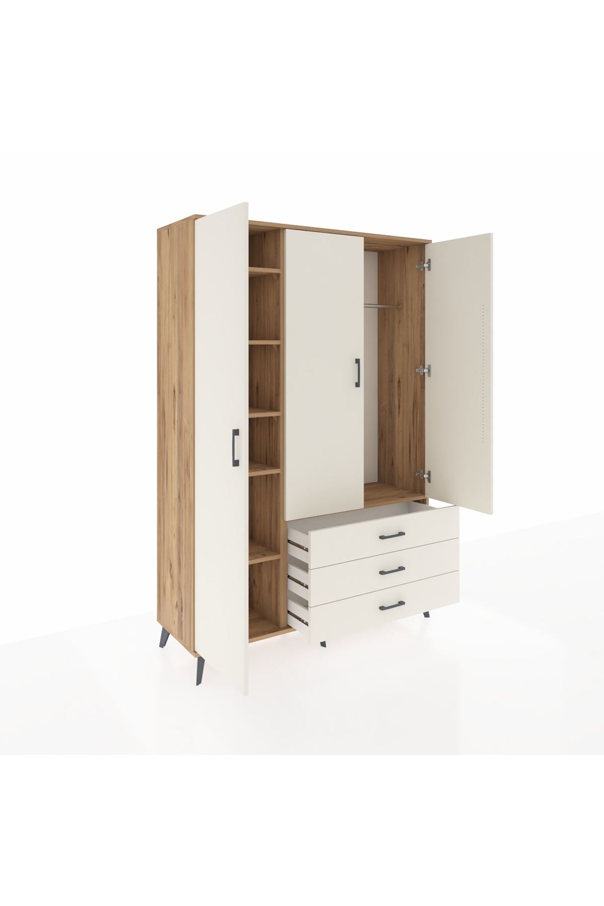 Hyperion Dolap 6 Raflı 3 Çekmeceli Tek Askılı 132x44x195 Çam-Aytaşı/Aytaşı