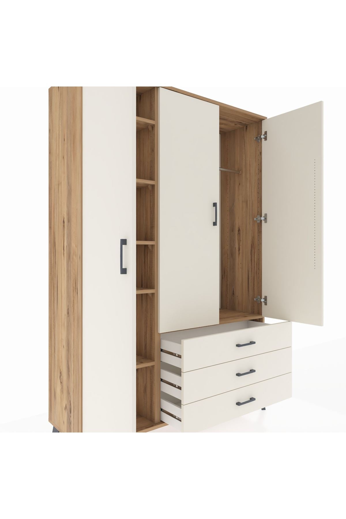 Hyperion Dolap 6 Raflı 3 Çekmeceli Tek Askılı 132x44x195 Çam-Aytaşı/Aytaşı