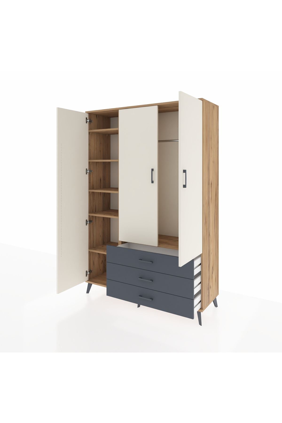 Hyperion Dolap 6 Raflı 3 Çekmeceli Tek Askılı 132x44x195 Çam-Aytaşı/Antrasit