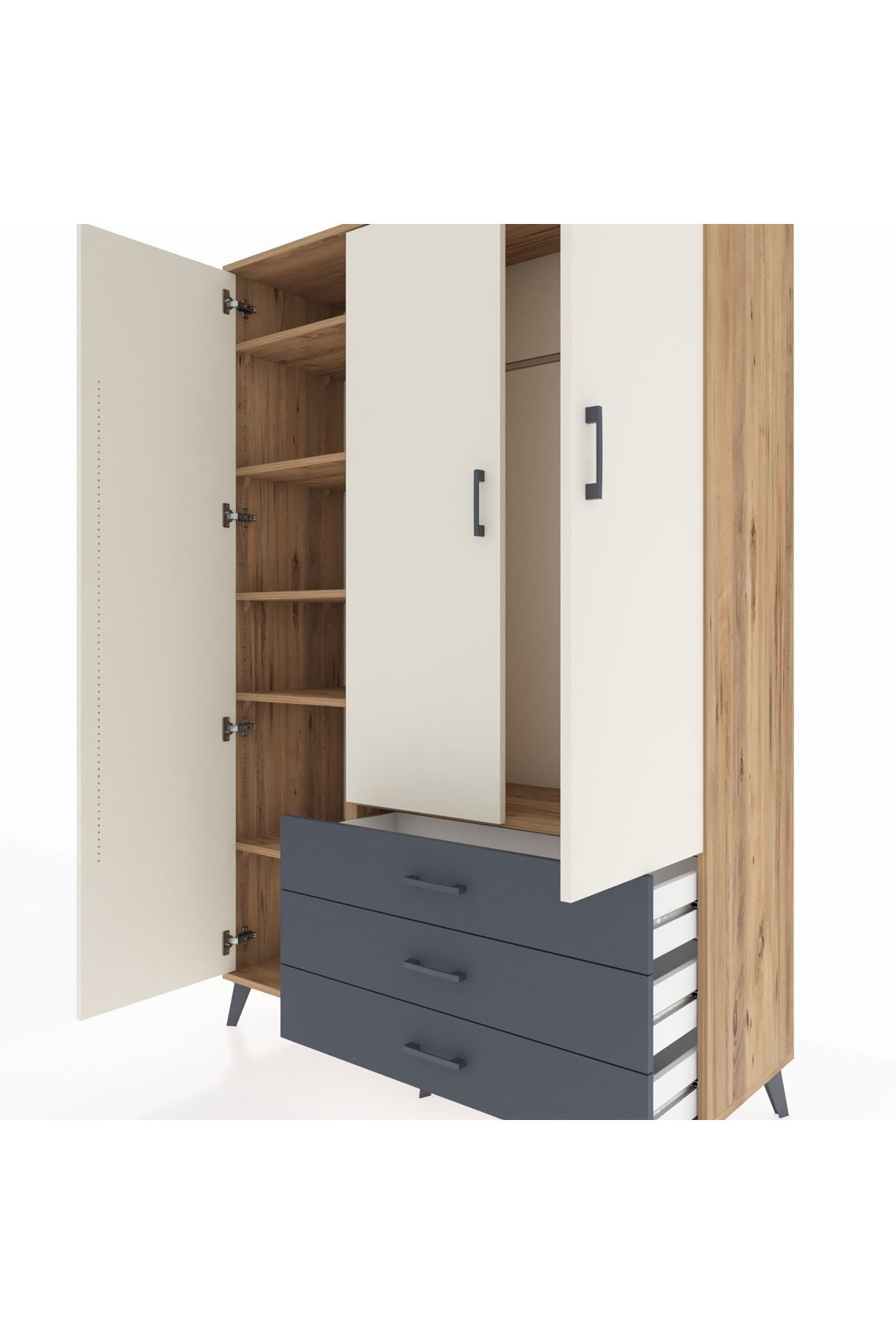 Hyperion Dolap 6 Raflı 3 Çekmeceli Tek Askılı 132x44x195 Çam-Aytaşı/Antrasit