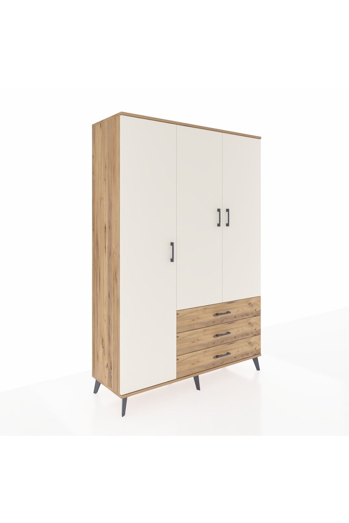 Hyperion Dolap 6 Raflı 3 Çekmeceli Tek Askılı 132x44x195 Çam-Aytaşı/Çam