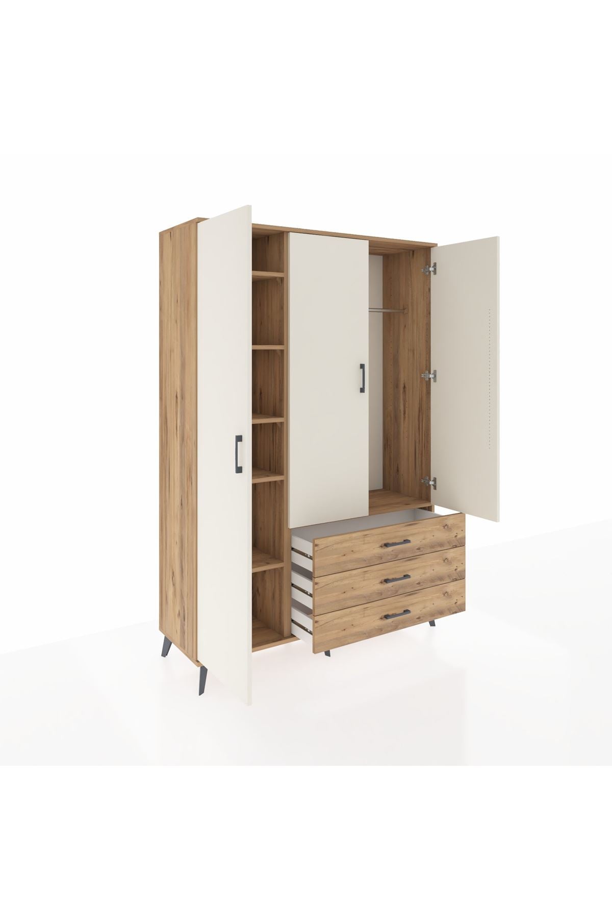 Hyperion Dolap 6 Raflı 3 Çekmeceli Tek Askılı 132x44x195 Çam-Aytaşı/Çam