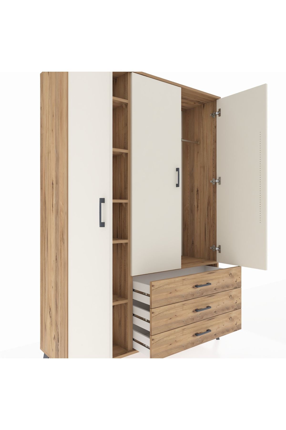 Hyperion Dolap 6 Raflı 3 Çekmeceli Tek Askılı 132x44x195 Çam-Aytaşı/Çam