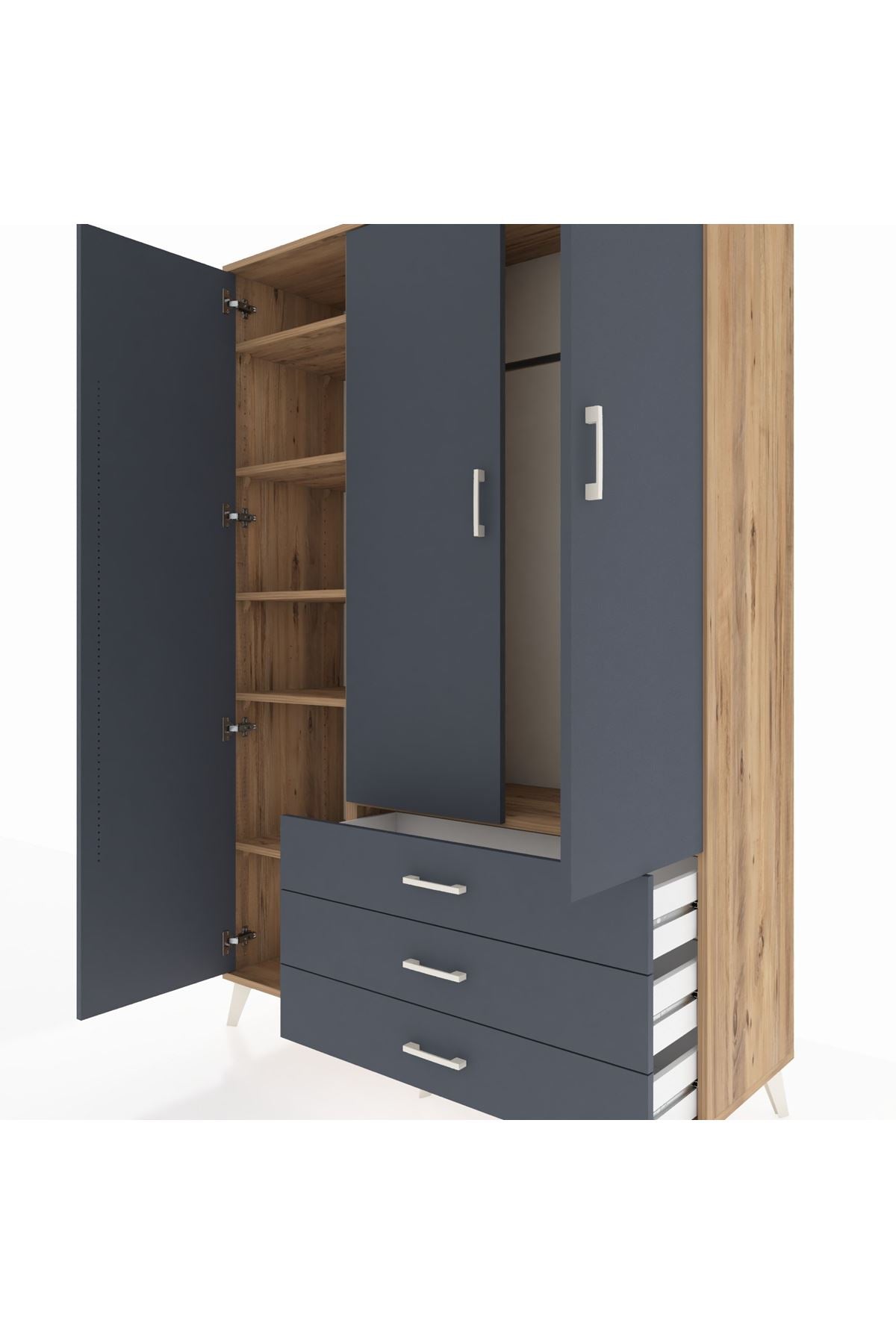 Hyperion Dolap 6 Raflı 3 Çekmeceli Tek Askılı 132x44x195 Çam-Antrasit/Antrasit