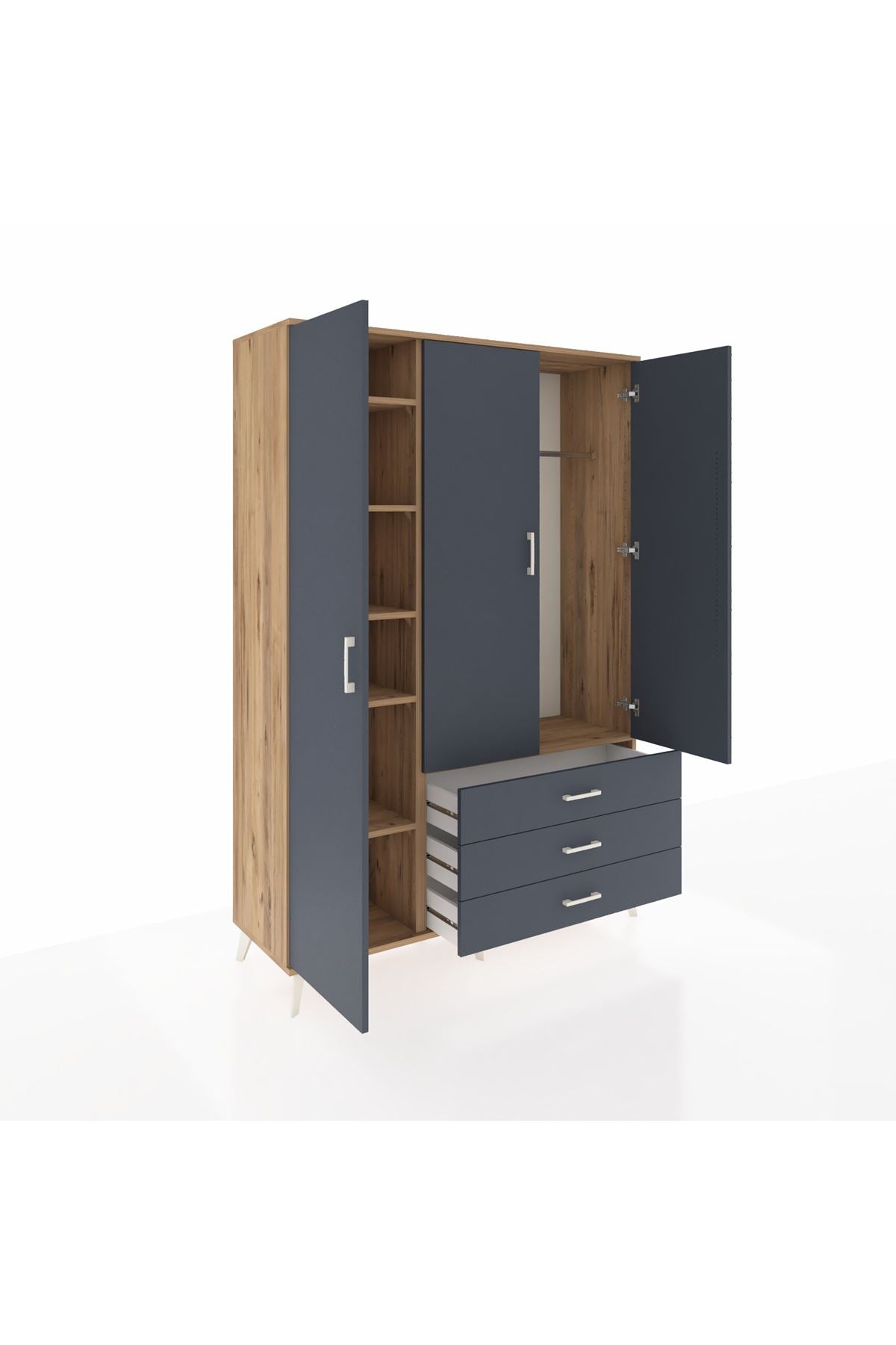 Hyperion Dolap 6 Raflı 3 Çekmeceli Tek Askılı 132x44x195 Çam-Antrasit/Antrasit