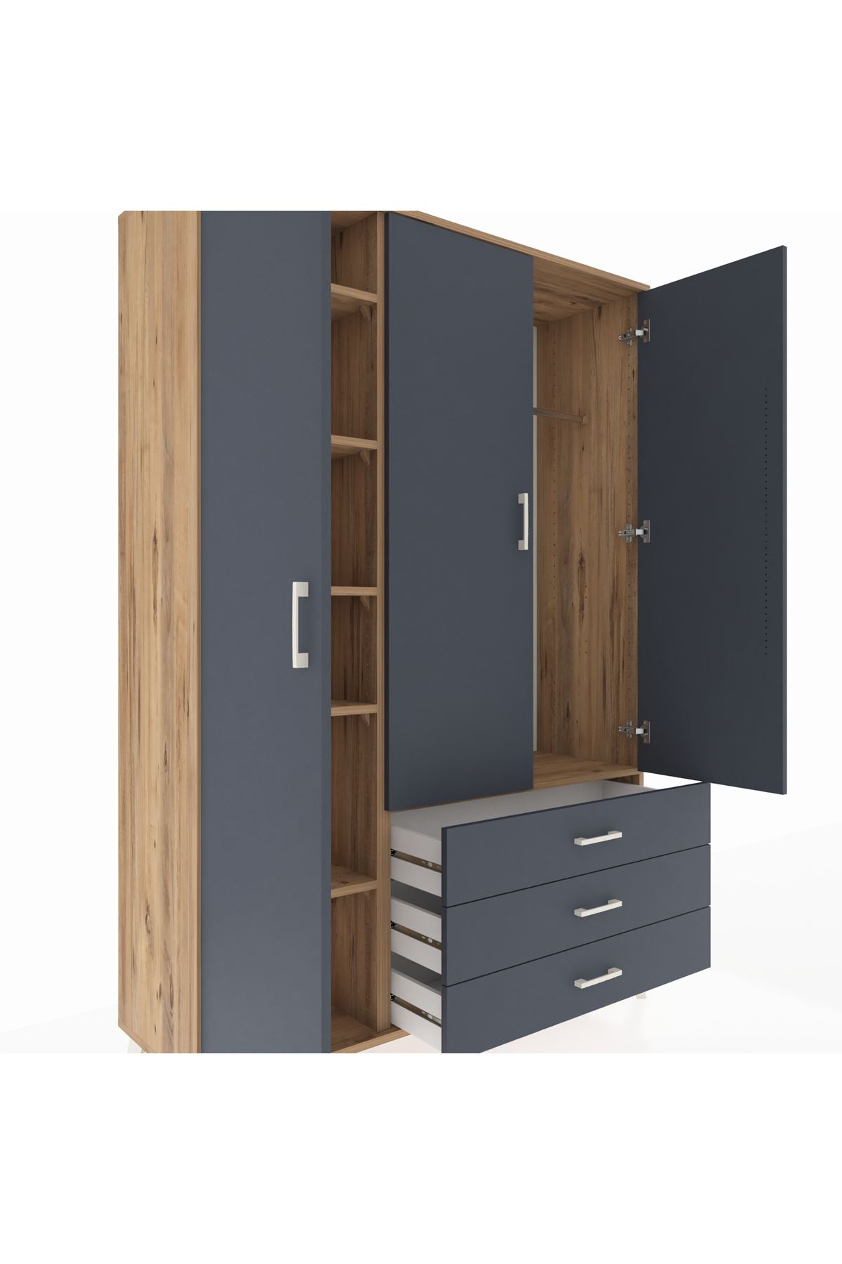 Hyperion Dolap 6 Raflı 3 Çekmeceli Tek Askılı 132x44x195 Çam-Antrasit/Antrasit