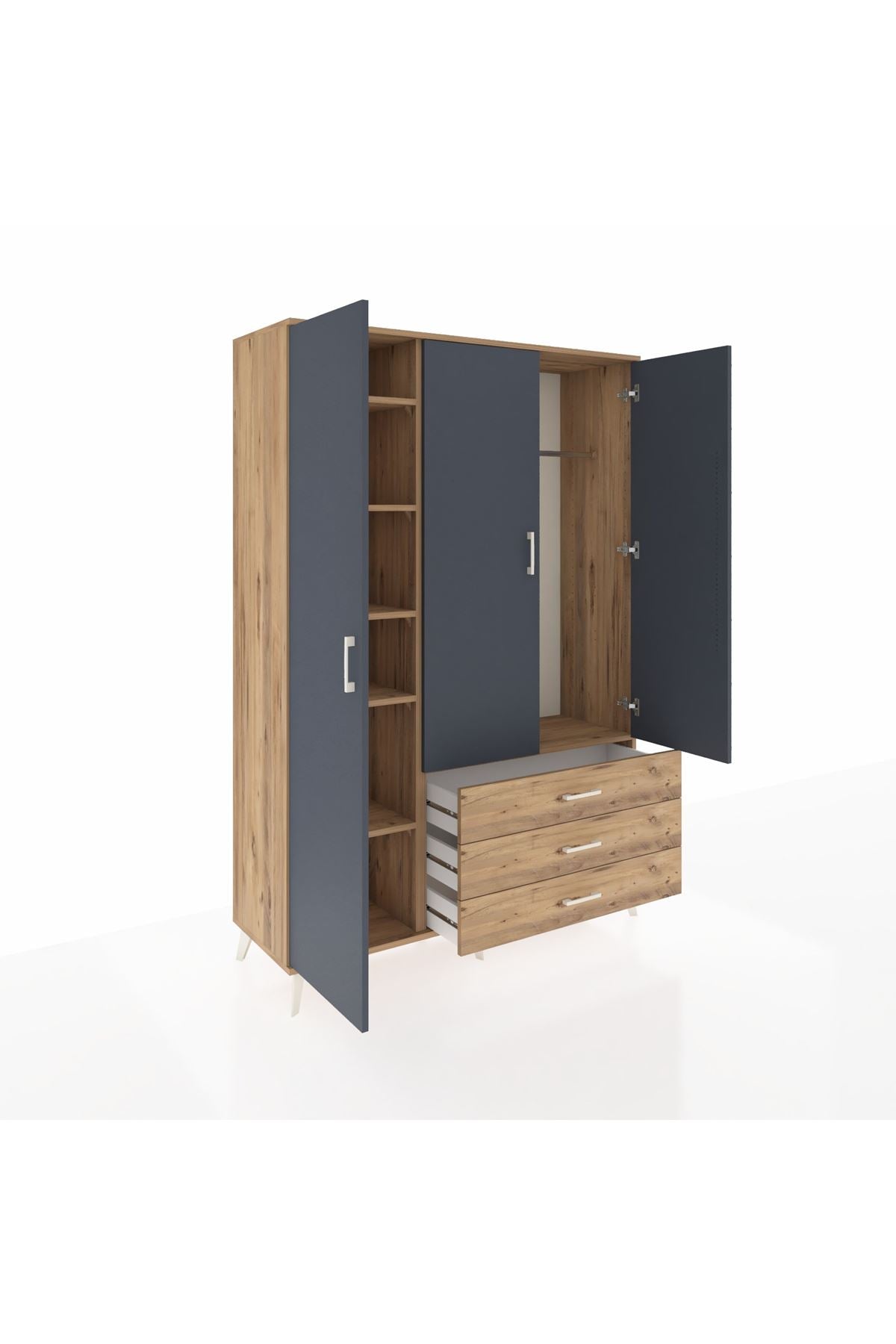 Hyperion Dolap 6 Raflı 3 Çekmeceli Tek Askılı 132x44x195 Çam-Antrasit/Çam