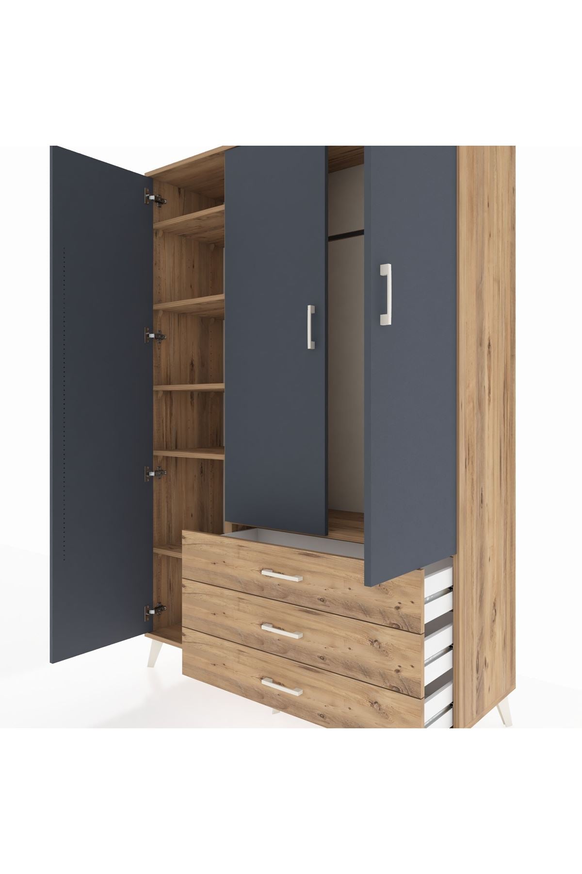 Hyperion Dolap 6 Raflı 3 Çekmeceli Tek Askılı 132x44x195 Çam-Antrasit/Çam