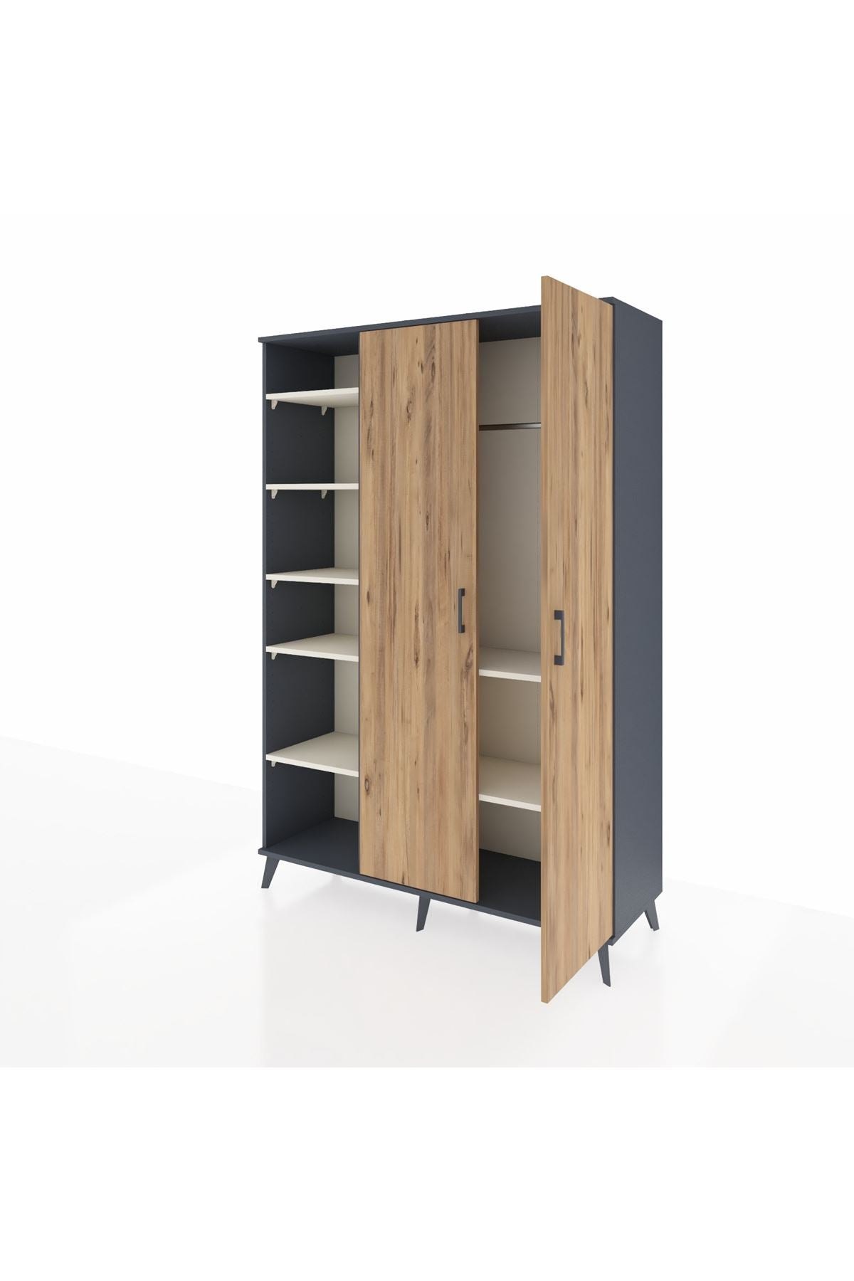 Hyperion Dolap 7 Raflı 2 Kapaklı Tek Askılı 132x44x195 Antrasit-Çam/Aytaşı