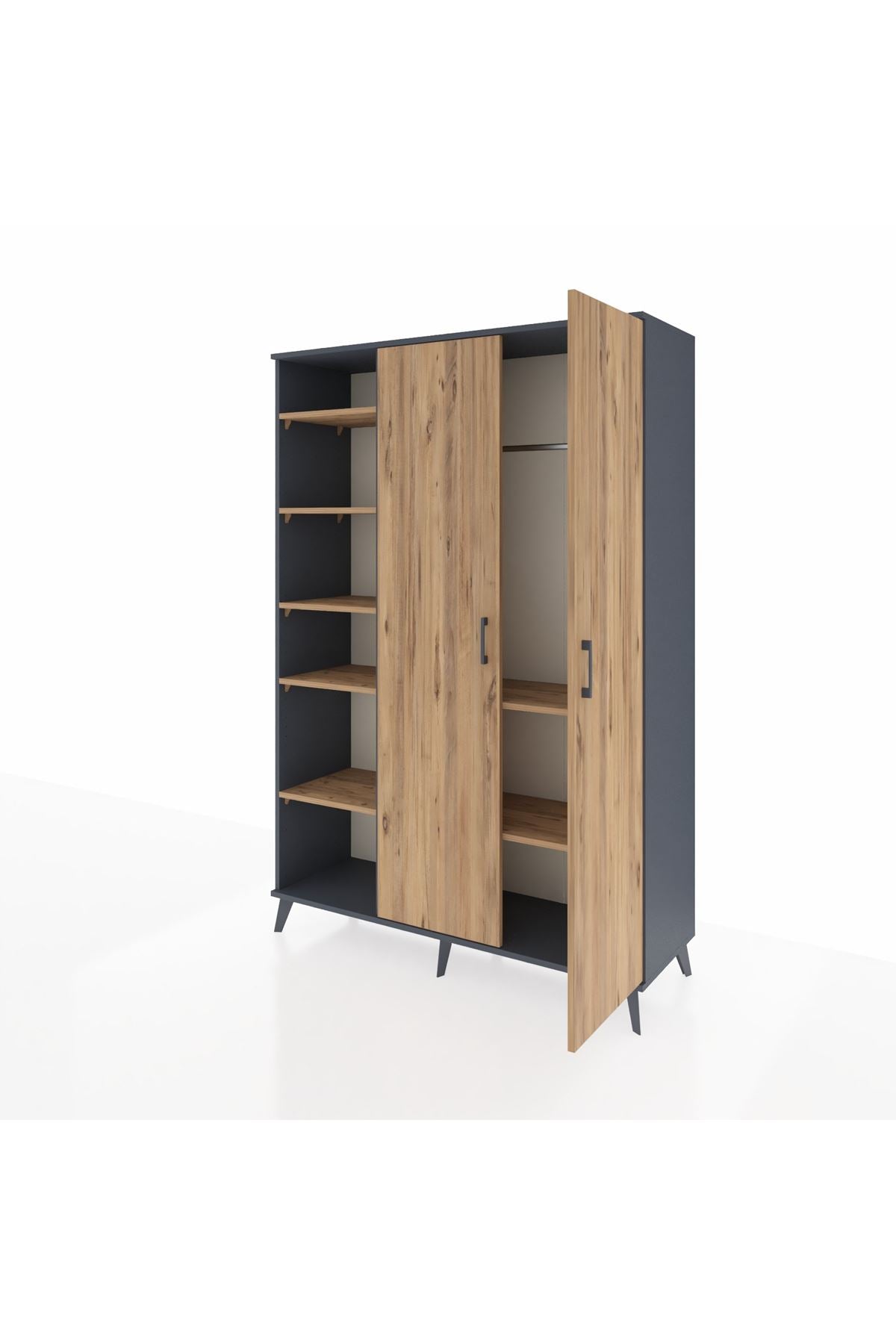 Hyperion Dolap 7 Raflı 2 Kapaklı Tek Askılı 132x44x195 Antrasit-Çam/Çam