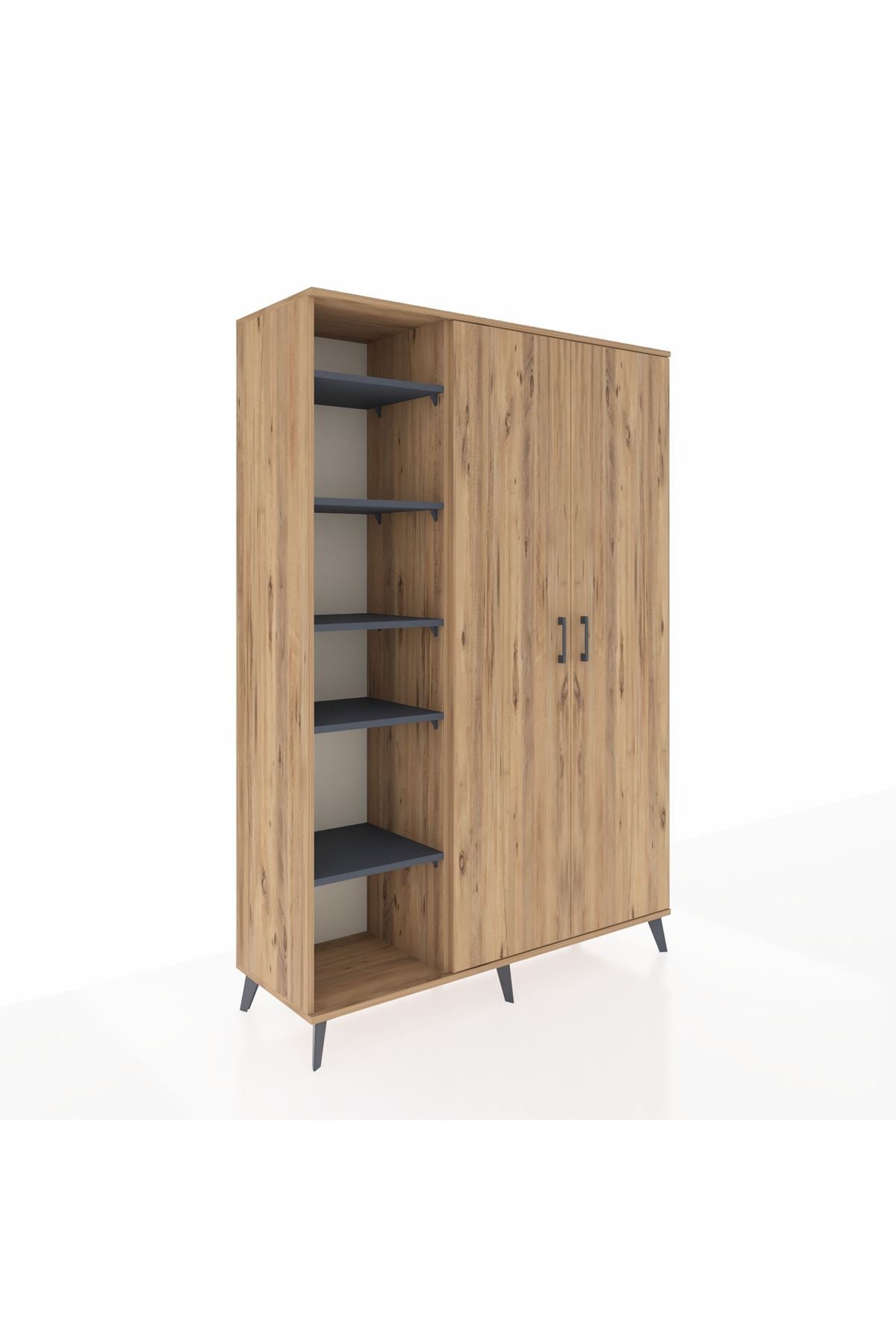 Hyperion Dolap 7 Raflı 2 Kapaklı Tek Askılı 132x44x195 Çam-Çam/Antrasit