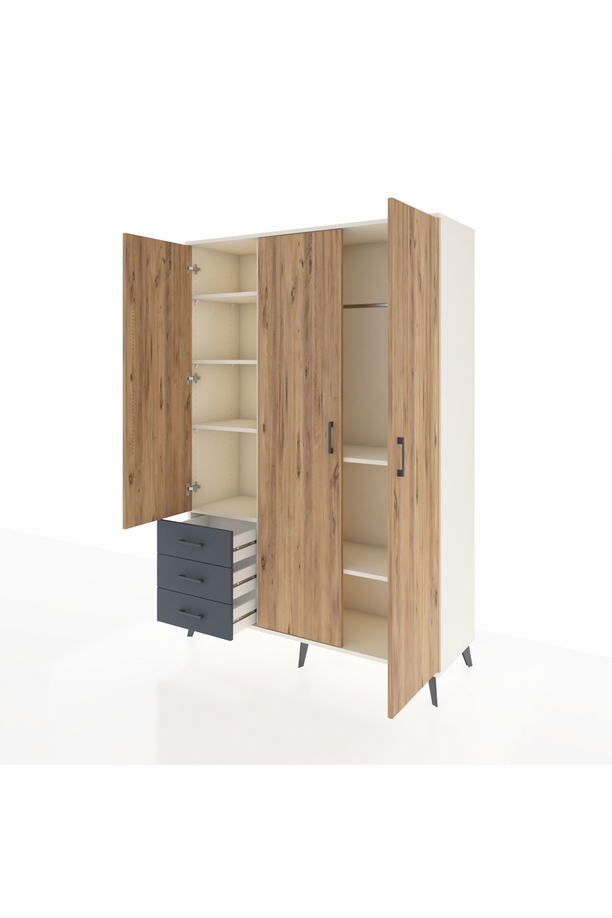 Hyperion Dolap 6 Raflı 3 Çekmeceli Tek Askılı 132x44x195 Aytaşı-Çam/Antrasit