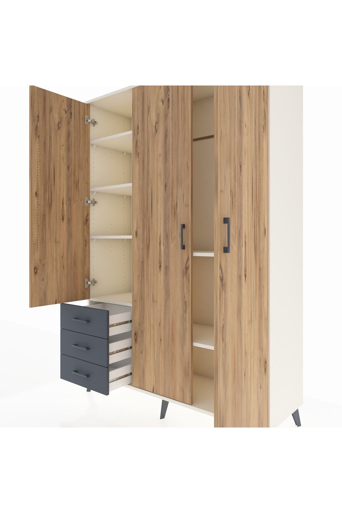 Hyperion Dolap 6 Raflı 3 Çekmeceli Tek Askılı 132x44x195 Aytaşı-Çam/Antrasit