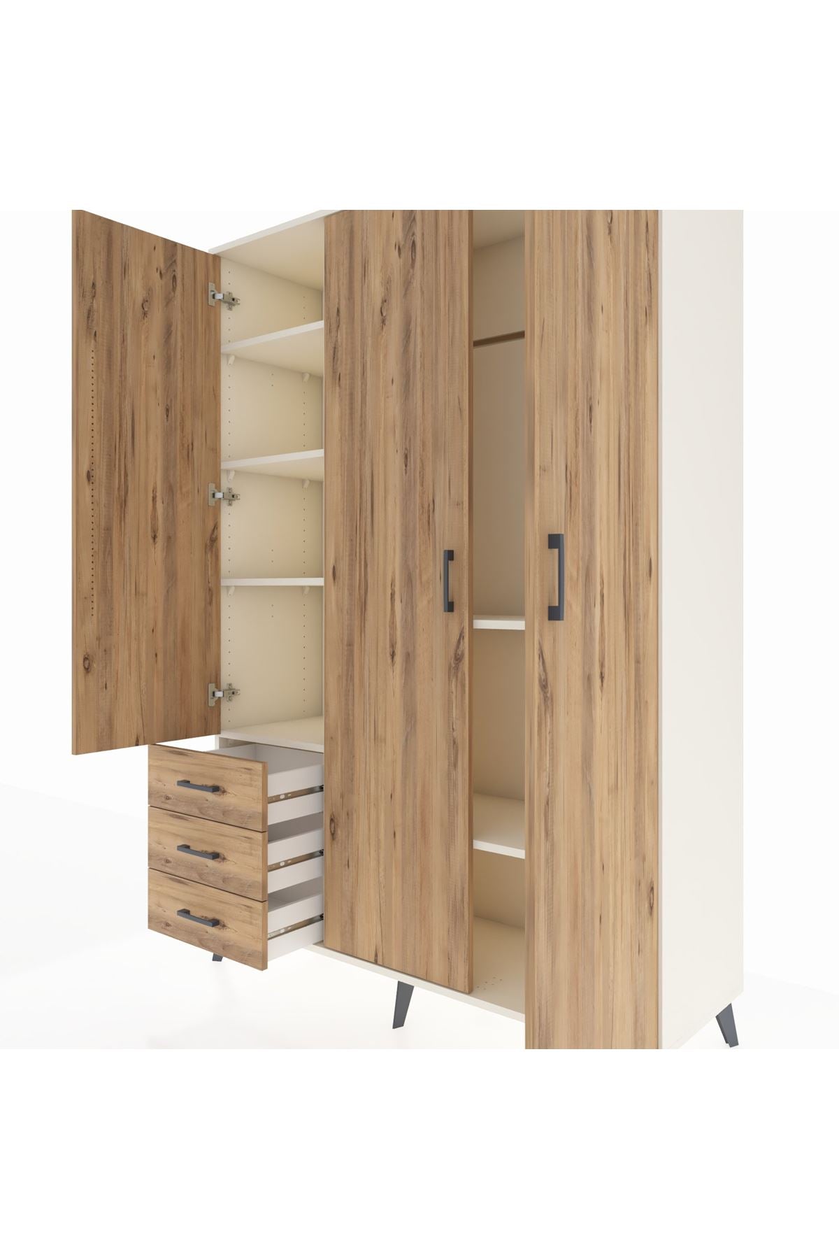 Hyperion Dolap 6 Raflı 3 Çekmeceli Tek Askılı 132x44x195 Aytaşı-Çam/Çam