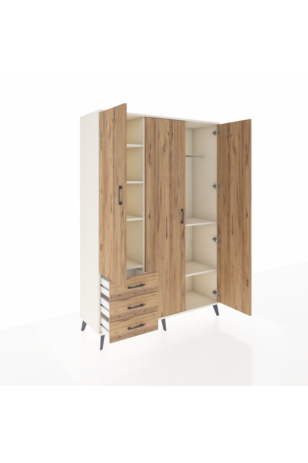 Hyperion Dolap 6 Raflı 3 Çekmeceli Tek Askılı 132x44x195 Aytaşı-Çam/Çam