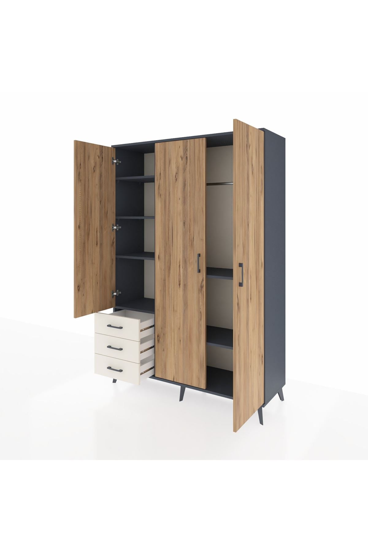 Hyperion Dolap 6 Raflı 3 Çekmeceli Tek Askılı 132x44x195 Antrasit-Çam/Aytaşı