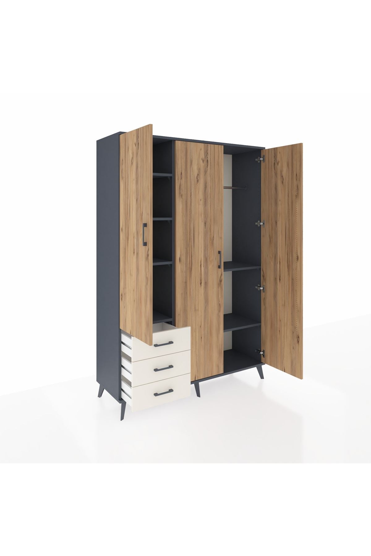 Hyperion Dolap 6 Raflı 3 Çekmeceli Tek Askılı 132x44x195 Antrasit-Çam/Aytaşı