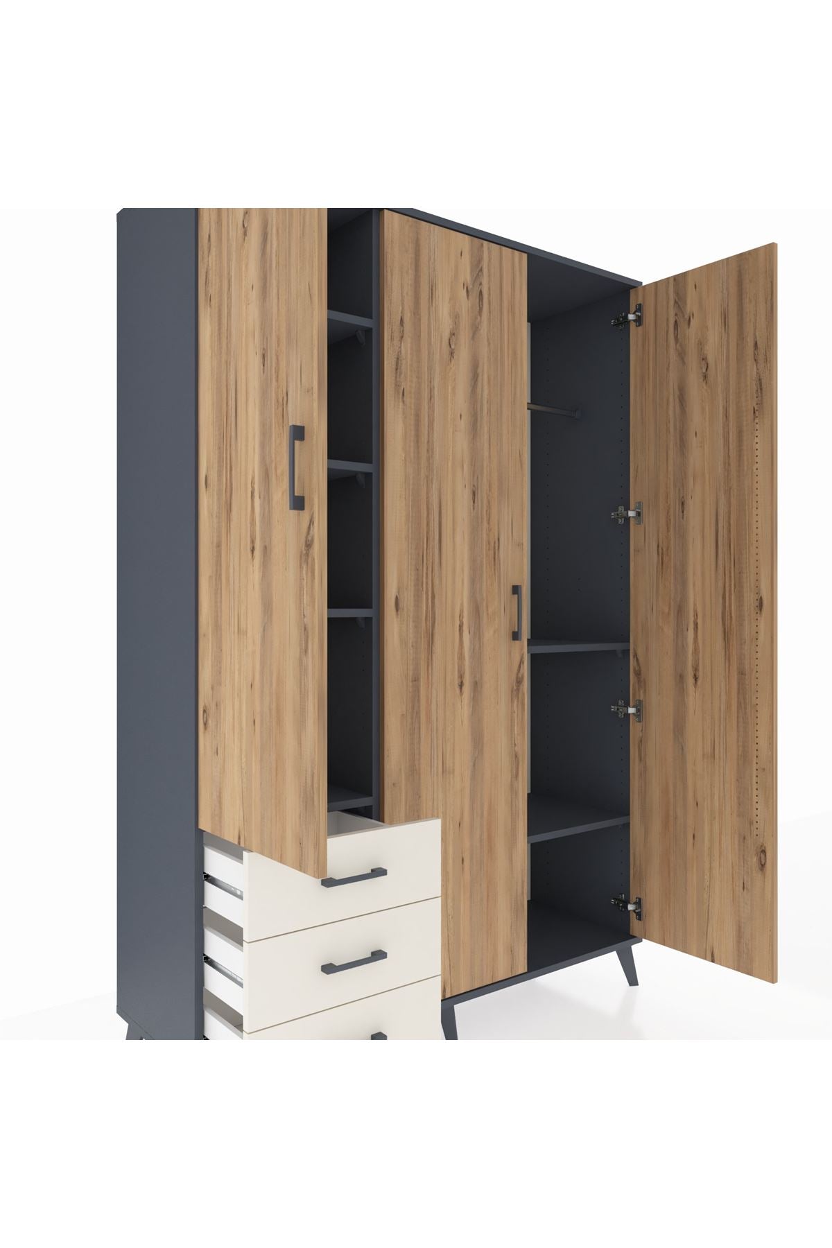 Hyperion Dolap 6 Raflı 3 Çekmeceli Tek Askılı 132x44x195 Antrasit-Çam/Aytaşı