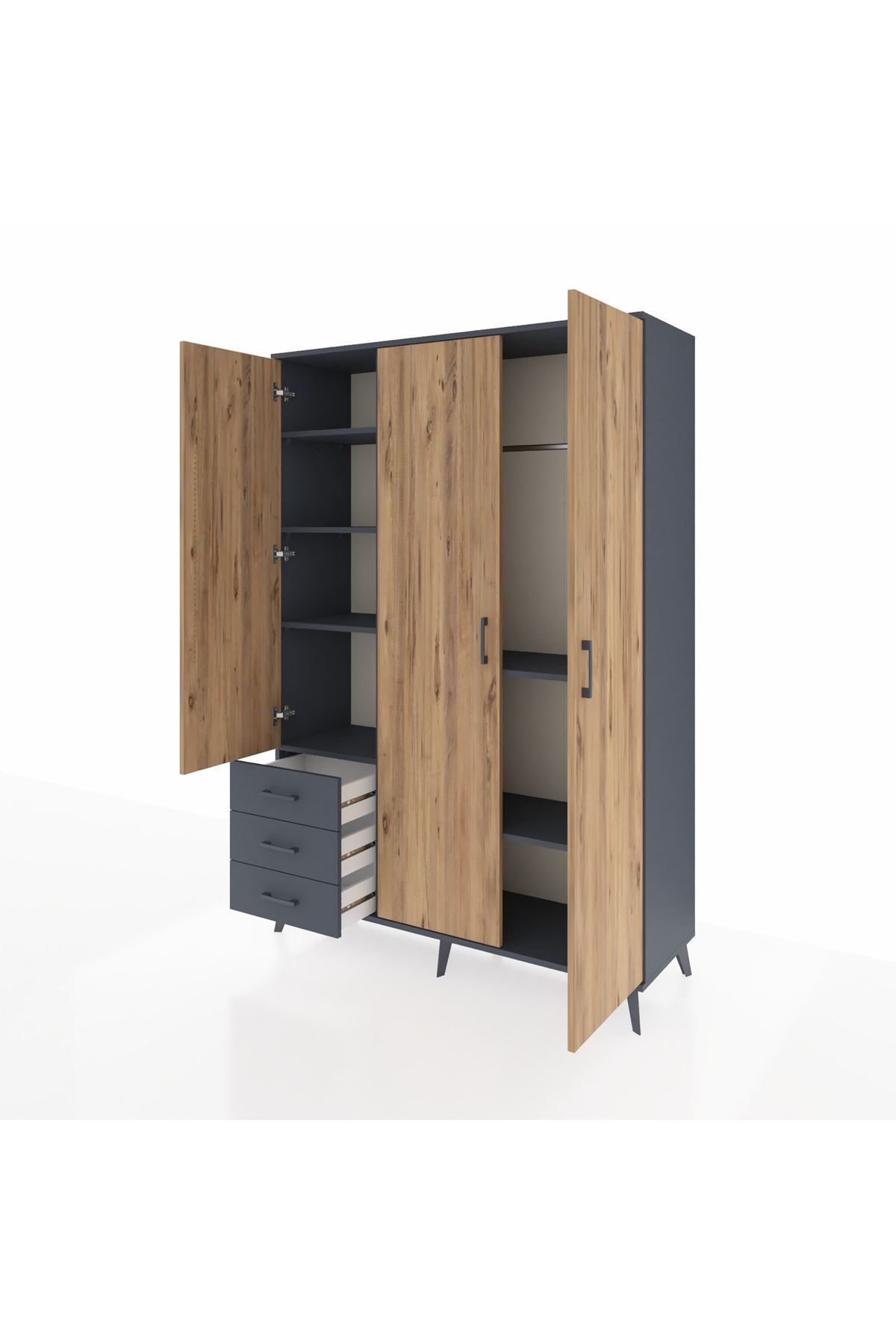 Hyperion Dolap 6 Raflı 3 Çekmeceli Tek Askılı 132x44x195 Antrasit-Çam/Antrasit