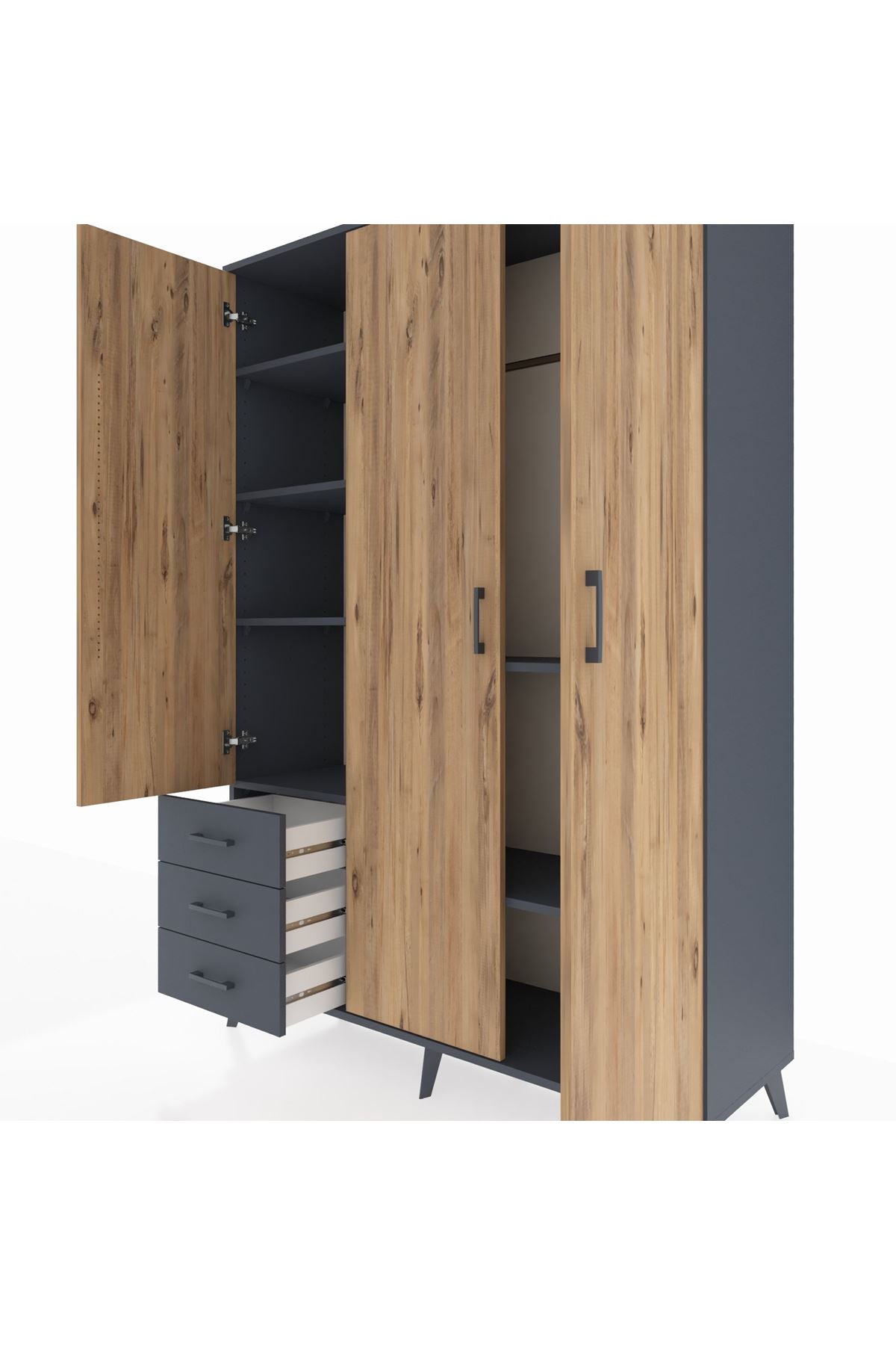 Hyperion Dolap 6 Raflı 3 Çekmeceli Tek Askılı 132x44x195 Antrasit-Çam/Antrasit