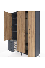 Hyperion Dolap 6 Raflı 3 Çekmeceli Tek Askılı 132x44x195 Antrasit-Çam/Antrasit