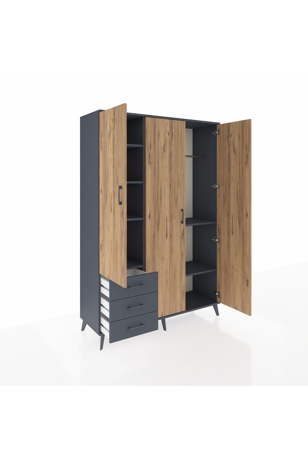 Hyperion Dolap 6 Raflı 3 Çekmeceli Tek Askılı 132x44x195 Antrasit-Çam/Antrasit