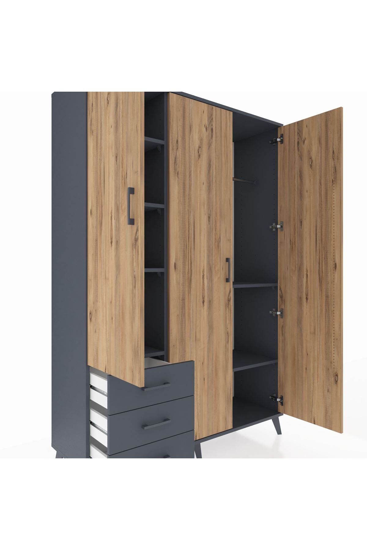 Hyperion Dolap 6 Raflı 3 Çekmeceli Tek Askılı 132x44x195 Antrasit-Çam/Antrasit