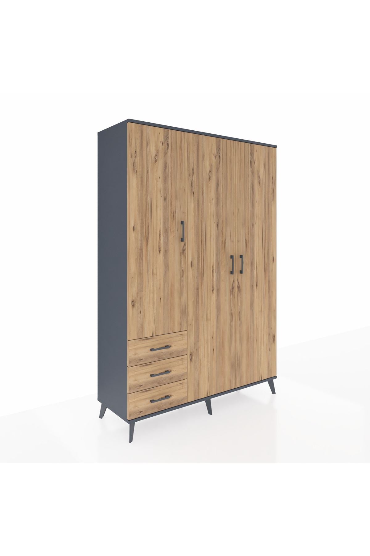 Hyperion Dolap 6 Raflı 3 Çekmeceli Tek Askılı 132x44x195 Antrasit-Çam/Çam