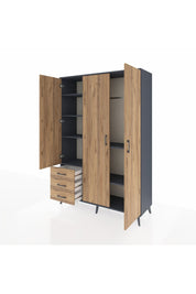 Hyperion Dolap 6 Raflı 3 Çekmeceli Tek Askılı 132x44x195 Antrasit-Çam/Çam