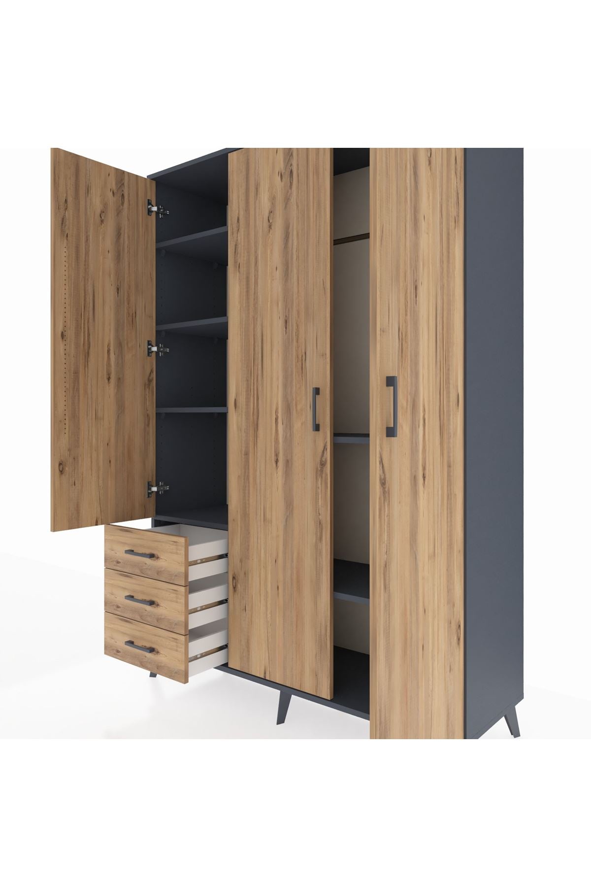 Hyperion Dolap 6 Raflı 3 Çekmeceli Tek Askılı 132x44x195 Antrasit-Çam/Çam