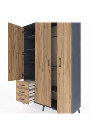 Hyperion Dolap 6 Raflı 3 Çekmeceli Tek Askılı 132x44x195 Antrasit-Çam/Çam