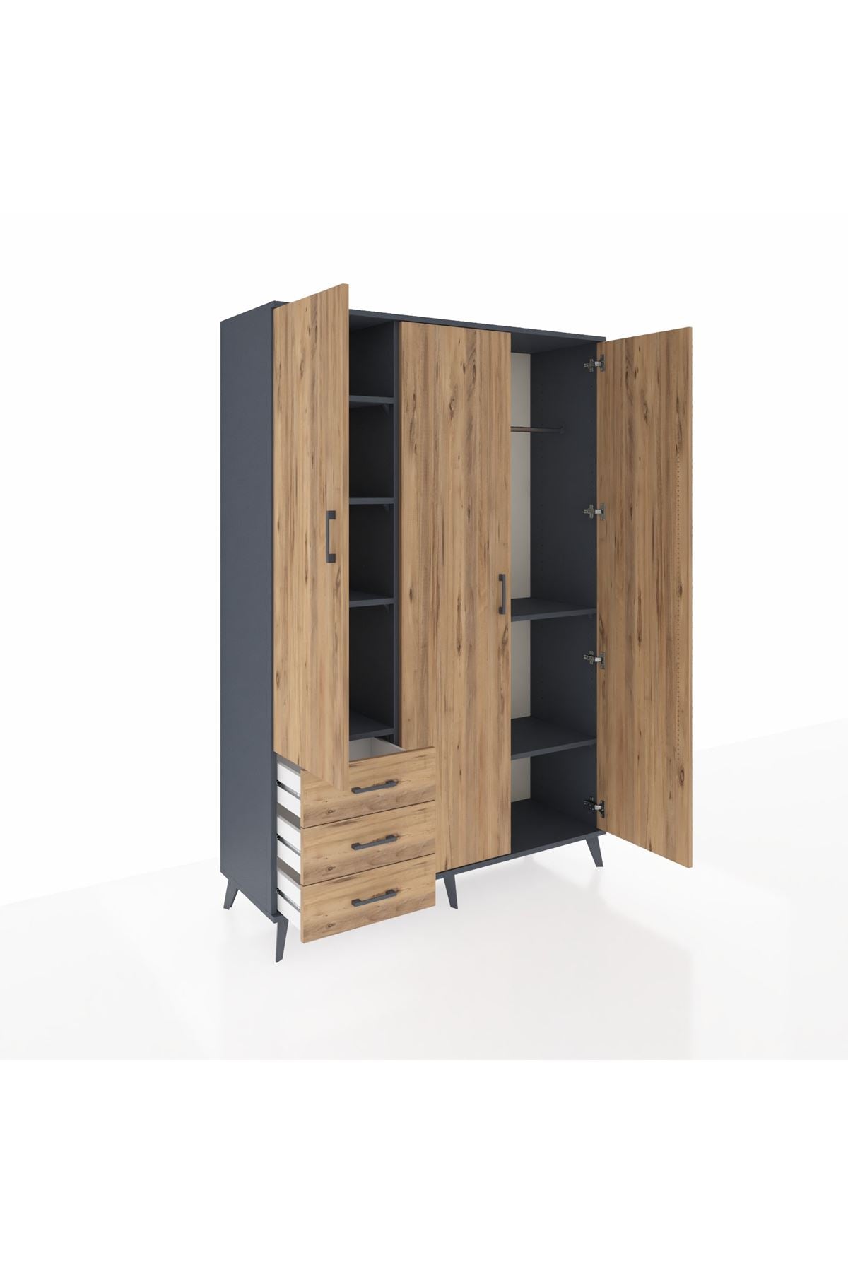 Hyperion Dolap 6 Raflı 3 Çekmeceli Tek Askılı 132x44x195 Antrasit-Çam/Çam