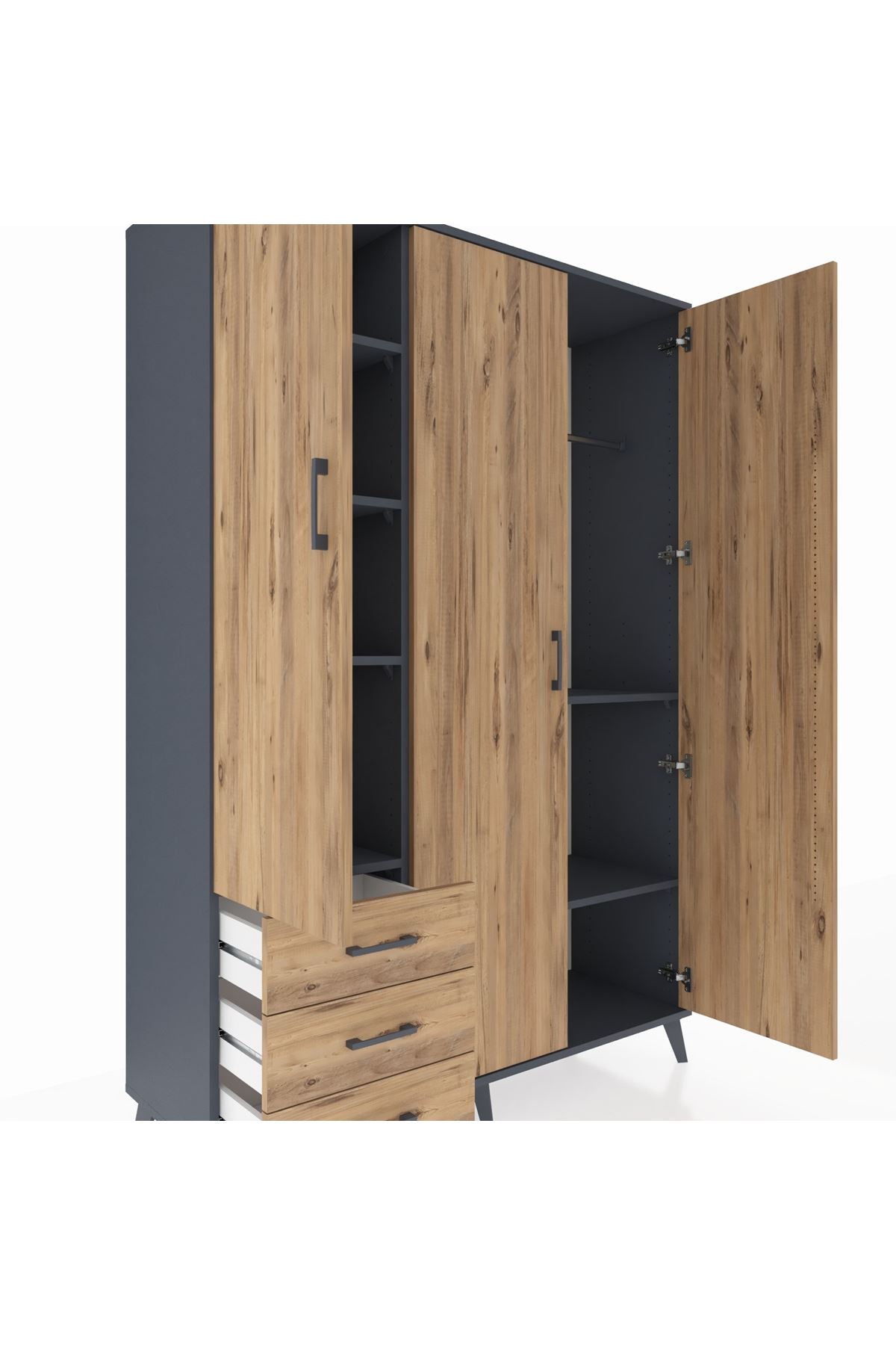 Hyperion Dolap 6 Raflı 3 Çekmeceli Tek Askılı 132x44x195 Antrasit-Çam/Çam