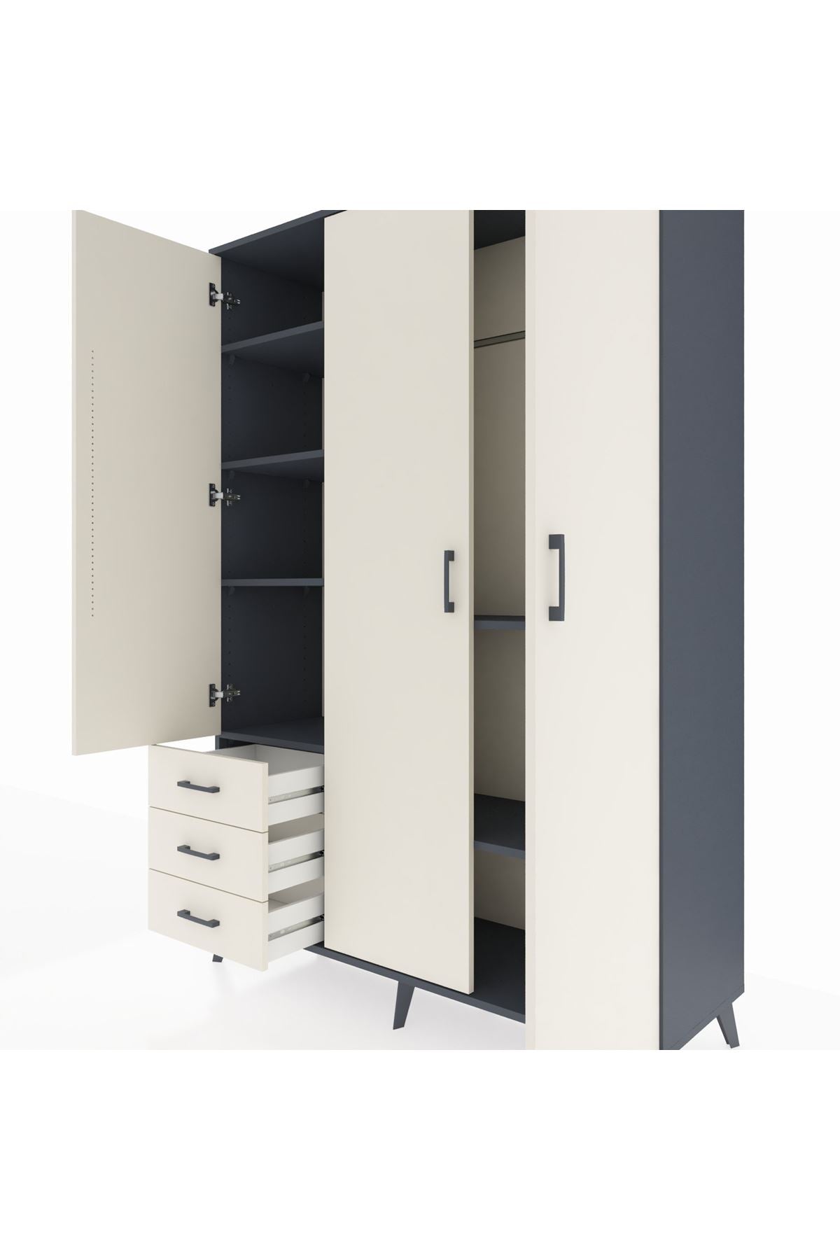 Hyperion Dolap 6 Raflı 3 Çekmeceli Tek Askılı 132x44x195 Antrasit-Aytaşı/Aytaşı