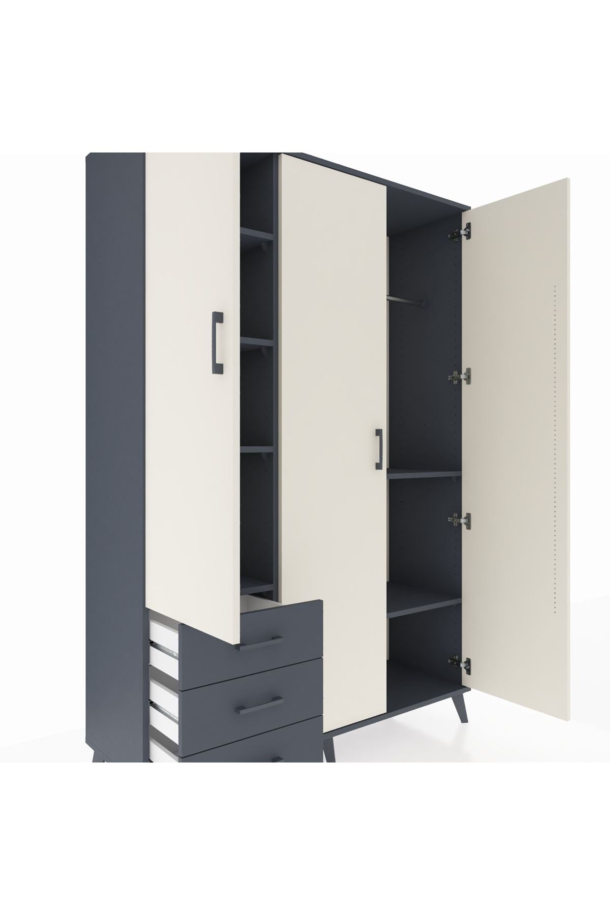 Hyperion Dolap 6 Raflı 3 Çekmeceli Tek Askılı 132x44x195 Antrasit-Aytaşı/Antrasit